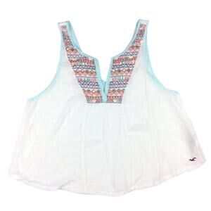 Hollister Embroidered White Gauze Flowy Tank Top